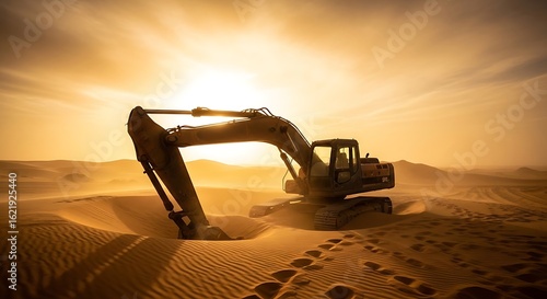 Silhouette of Excavator in Desert at Sunset Depicting Construction in Arid Environment