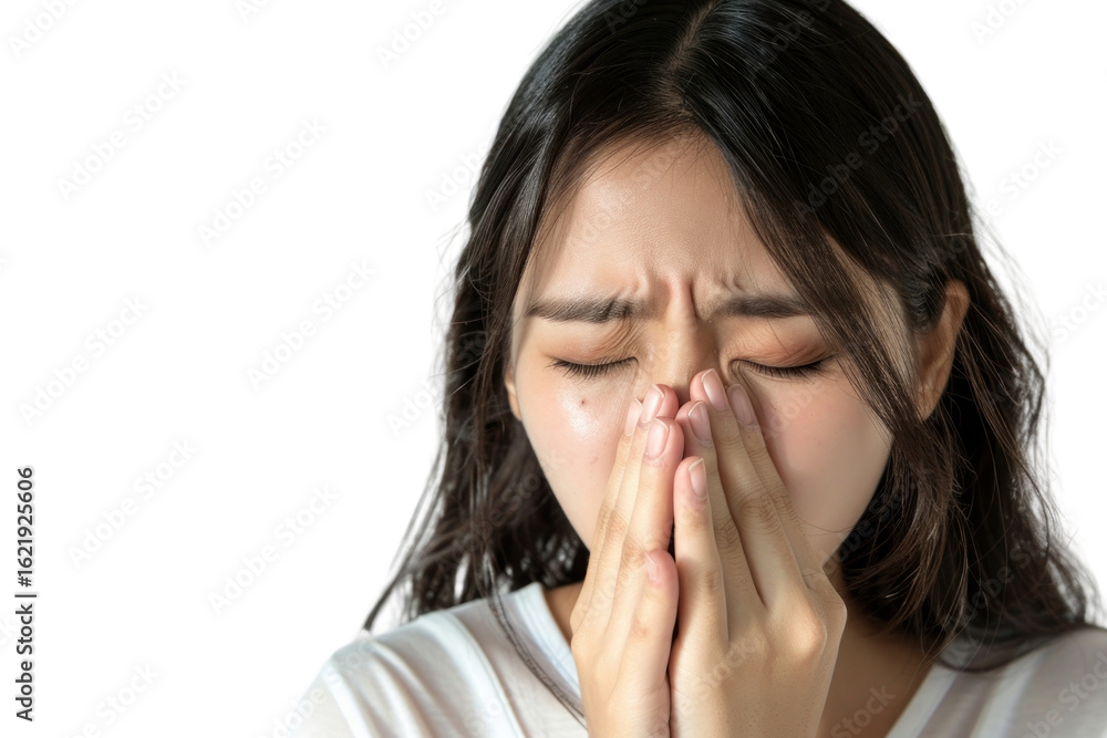 PNG Woman sneezing covering her face PNG Woman sneezing covering her face