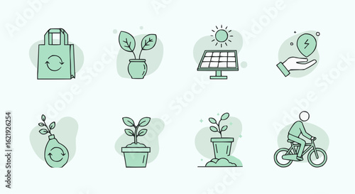 Eco Gardening Elements – Sustainable Plants and Solar Panel Icons