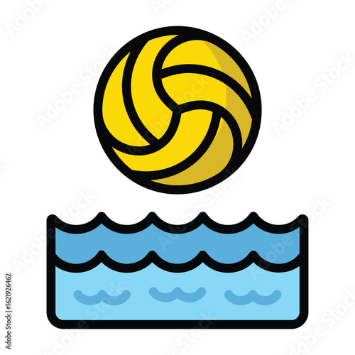 Flat vector illustration of a yellow water polo ball above a blue pool. Clean cartoon style with bold outline, isolated on white. Perfect for sports design, infographics, and UI icons.