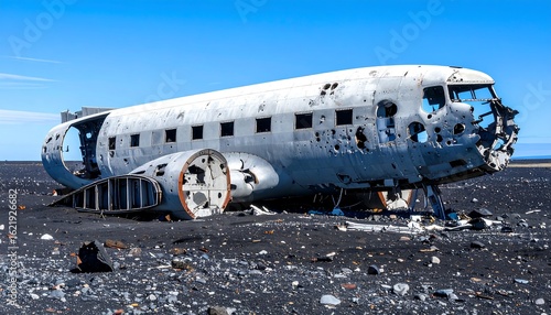 Solheimasandur crash site airplane remnants under radiant blue sky in Iceland