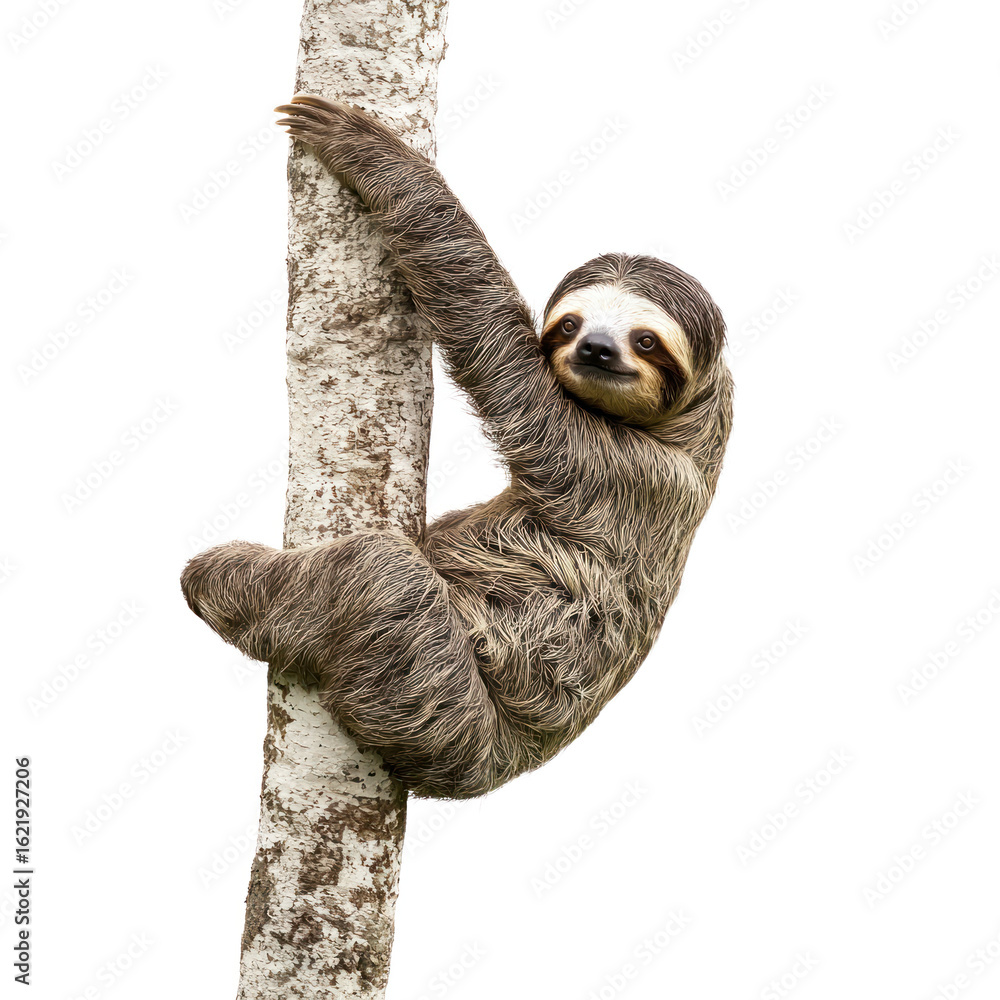 Fototapeta premium Sloth climbing Moves slowly up tree trunks or along branches. full length isolate on transparent background