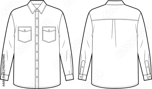 Front and back view button-down shirt flat sketch with chest flap pockets, long sleeve technical cad drawing for fashion design