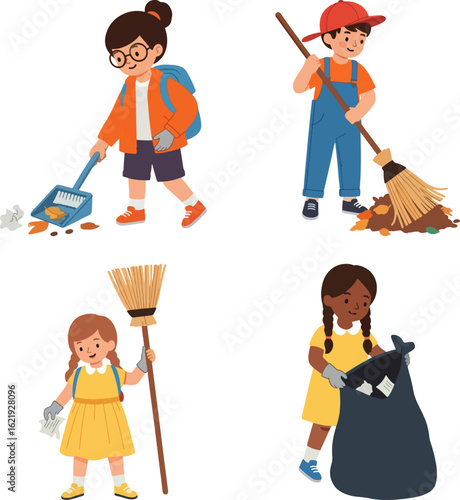 Children actively participating in community cleanup, diligently sweeping leaves and collecting litter.
