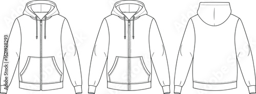Photos Men's and women's zip up hoodie fashion flat sketch, front and back view with dr