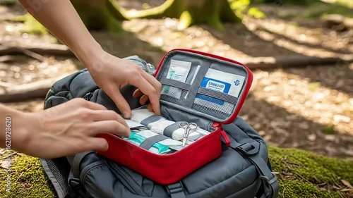 Person Accessing a Red First Aid Kit in a Gray Backpack Outdoors