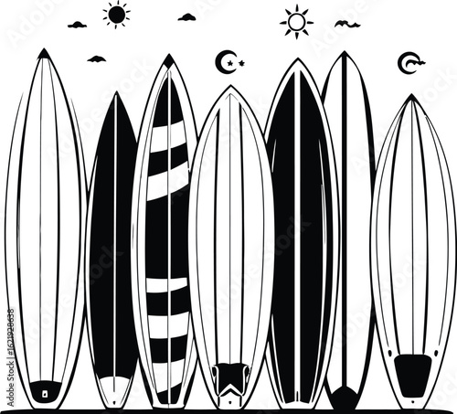 Surfboards black and white vector art illustration summer vacation beach ocean surfing lifestyle design art