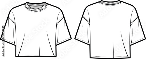 Oversized cropped t-shirt flat sketch front and back view with drop shoulder design, technical fashion cad drawing vector illustration