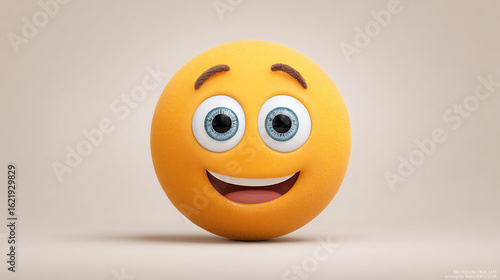 A cheerful, cartoonish smiley face with large eyes and a broad smile against a soft background