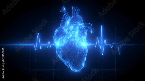 Glowing digital heart model with heartbeat line, showcasing advanced medical technology in a dark setting