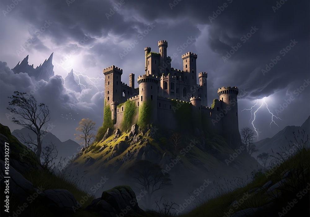 Obraz premium Dramatic Medieval Castle under Lightning Storm, Fantasy Landscape