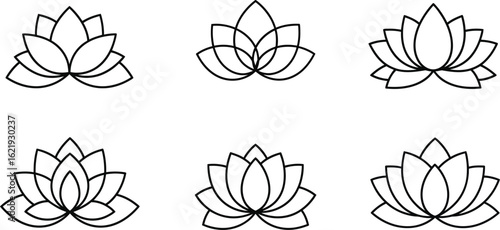 Set of six lotus flower icons, showcasing various stylized designs for yoga, meditation, spa, and wellness related themes in a minimal style