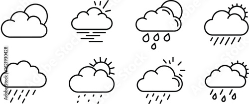 Weather icons set, depicting sunny and rainy days with clouds, sun, and rain drops, perfect for weather forecast and climate related designs