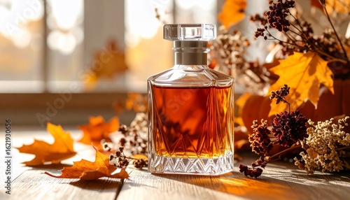 Wallpaper Mural Autumnal Amber: A Decanter of Warmth on a Wooden Table Torontodigital.ca