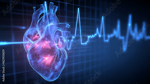 Detailed 3D rendering of a human heart with glowing elements and ECG waveform in the background
