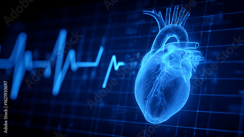 A digital representation of a human heart with an electrocardiogram backdrop illustrating health monitoring