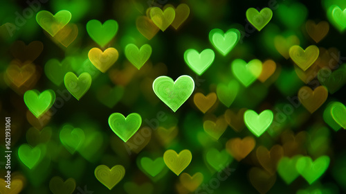 A vibrant display of green heart shapes floating on a dark background, creating a festive atmosphere