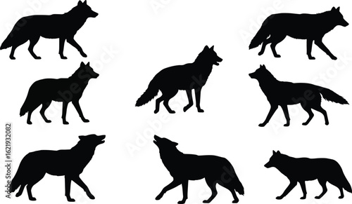 Black silhouettes of wolves in different poses