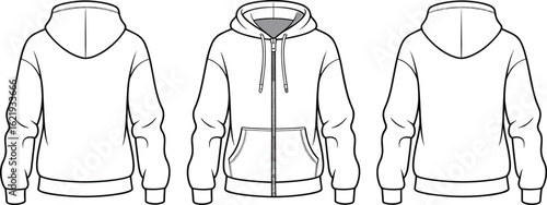 Unisex zip up hoodie front and back flat sketch, technical drawing with kangaroo pocket, ribbed cuffs, hem, drawstring hood