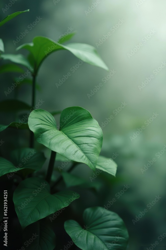 Obraz premium Lush Green Plant Leaves in Soft Diffused Light, Nature's Serenity