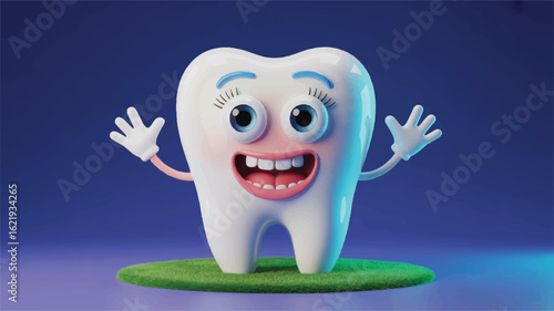 Cheerful cartoon tooth with blue eyes and pink cheeks waving animated character