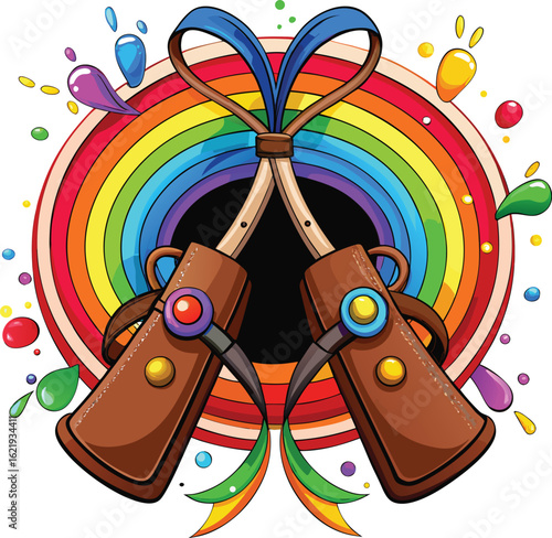 Colorful paint splatters around brown pouches with rainbow background vector