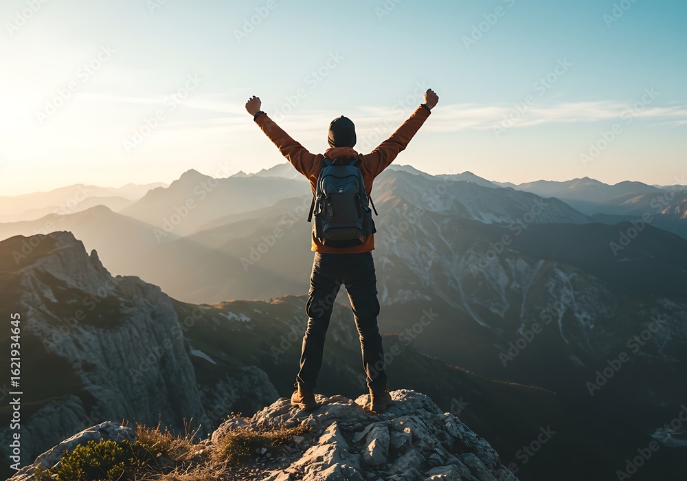 Obraz premium Victorious Hiker Celebrating on Mountain Peak at Sunset