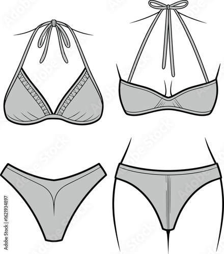 Women's bikini set front and back fashion flat sketch, technical cad drawing, vector swimwear design, summer beach clothing illustration