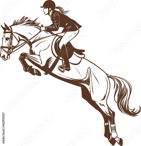 Equestrian rider jumping horse brown outline sport