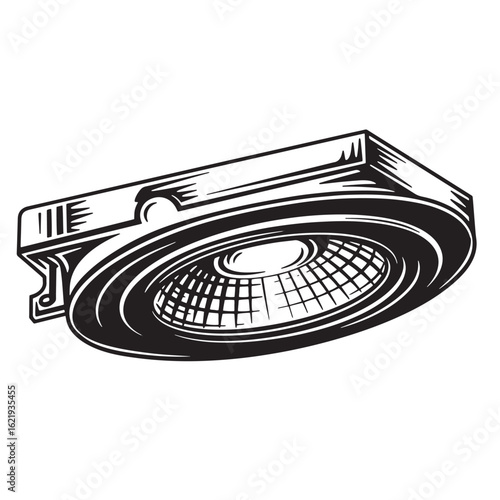 Detailed black and white illustration of a modern recessed ceiling light fixture