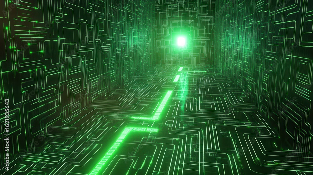 Obraz premium Futuristic circuit pathway with glowing green lines.