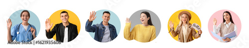 Collage of young people waving hands on white background