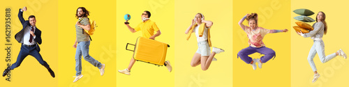 Set of jumping young people...