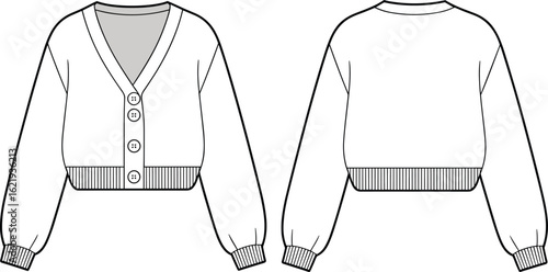 Women's cropped cardigan sweater flat sketch with button front, ribbed hem and cuffs, V-neck design, fashion cad vector illustration