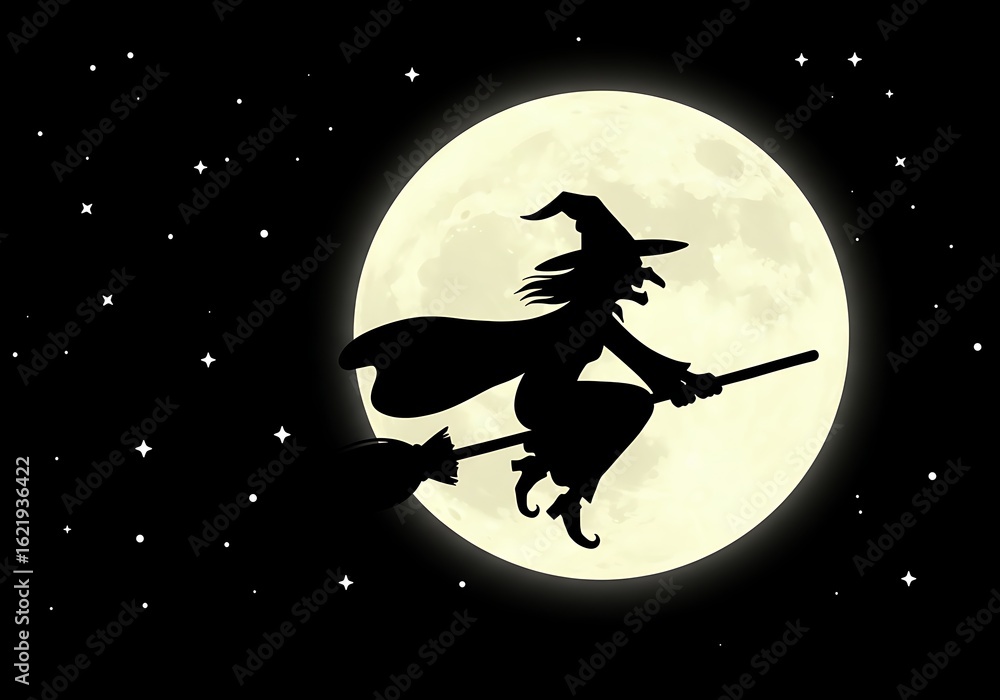 Naklejka premium Silhouette of a Witch Flying on a Broomstick Against a Full Moon