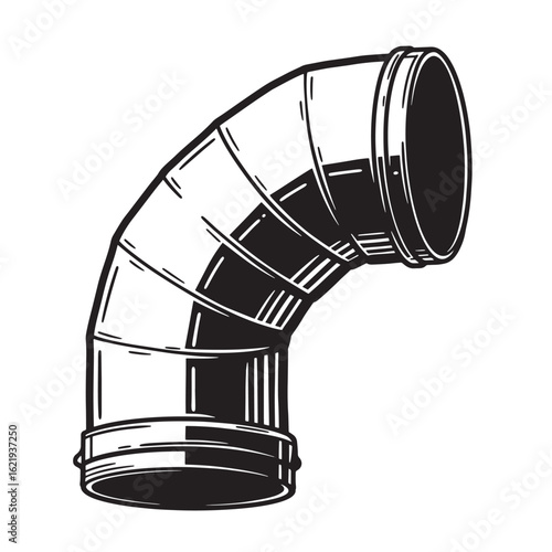 Illustration of a black and white vector style ninety degree pipe elbow on white background