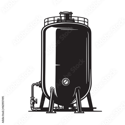 Industrial storage tank vector illustration in black and white with piping for brewery and processing