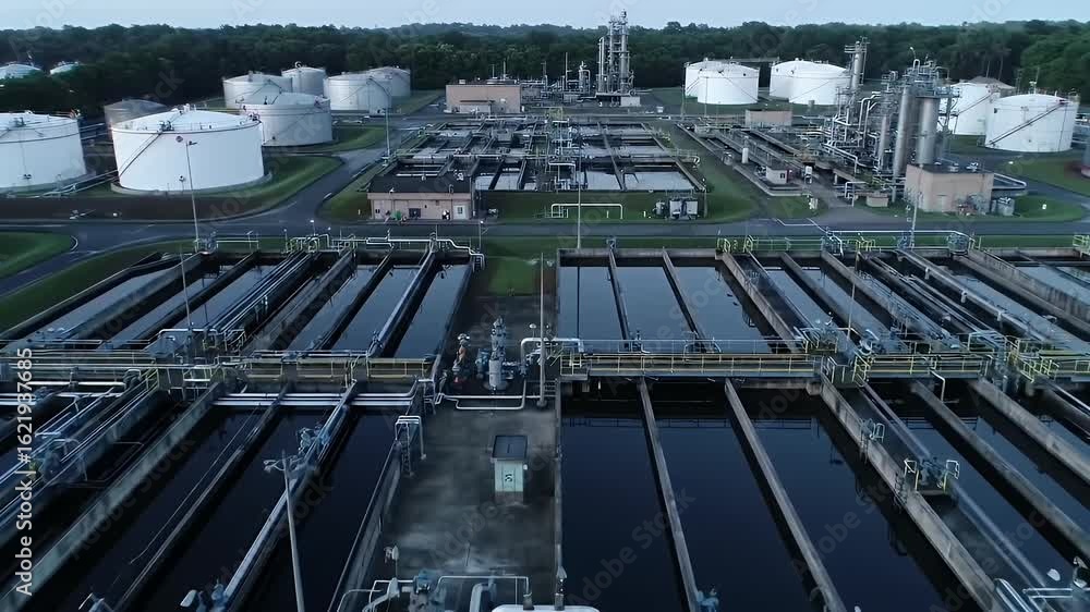 High Angle Drone View of an Expansive Industrial Water Treatment Plant Featuring Symmetrical Tank Layouts and Networks of Pipes Under a Dim Sky Perfect for Environmental and Sustainable Projects that High Angle Drone View of an Expansive Industrial Water Treatment Plant Featuring Symmetrical Tank Layouts and Networks of Pipes Under a Dim Sky Perfect for Environmental and Sustainable Projects that