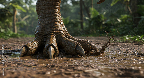 Close-Up View of a tyrannosaurus rex Foot with Sharp Claws on Dirt Ground in a Prehistoric Forest