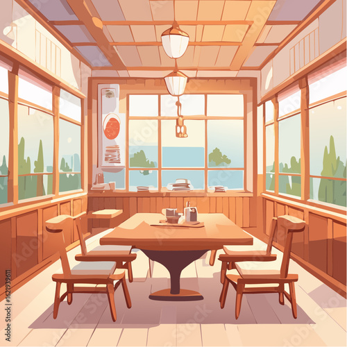 Anime-style Japanese retro cafe interior with warm tones and nostalgic details