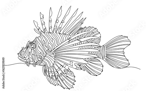 lionfish, continuous one line art silhouette, black and white, vector illustration, isolated on white background