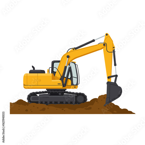 A vibrant yellow excavator, a powerful piece of heavy machinery, is depicted digging into a pile of brown earth in this clean vector illustration.
