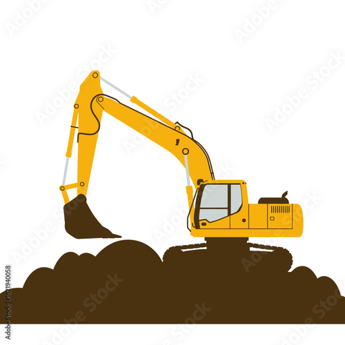 A bright yellow heavy-duty excavator is depicted in a clean vector illustration, actively digging into a pile of brown earth, symbolizing construction and development.