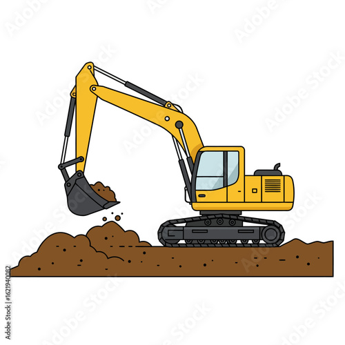 A bold yellow excavator, meticulously illustrated, digs into a pile of earth, showcasing construction and heavy machinery against a clean white backdrop.