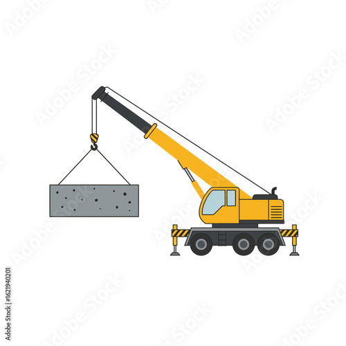 A yellow mobile crane with a long arm lifts a large concrete block against a plain white background, illustrating construction and industrial work.