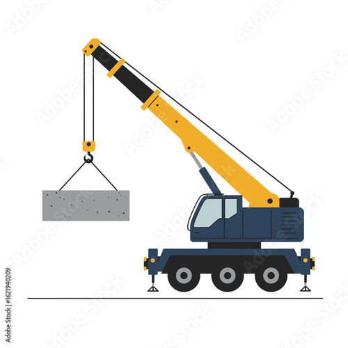 A blue and yellow mobile crane with a long arm lifts a concrete block against a white background, illustrating construction and industrial machinery.