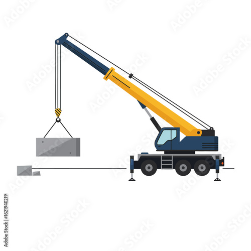 A mobile crane lifts a concrete block, showcasing construction equipment in a vector illustration against a clean, white background, ideal for industrial designs.
