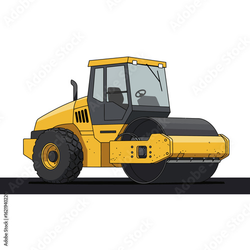A vibrant illustration of a yellow road roller, meticulously depicted with bold outlines and shadows, poised on a dark surface, perfect for construction-themed designs.