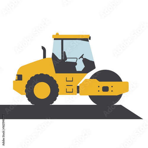 A yellow steamroller compacts asphalt on a road construction site, symbolizing infrastructure development and heavy machinery.