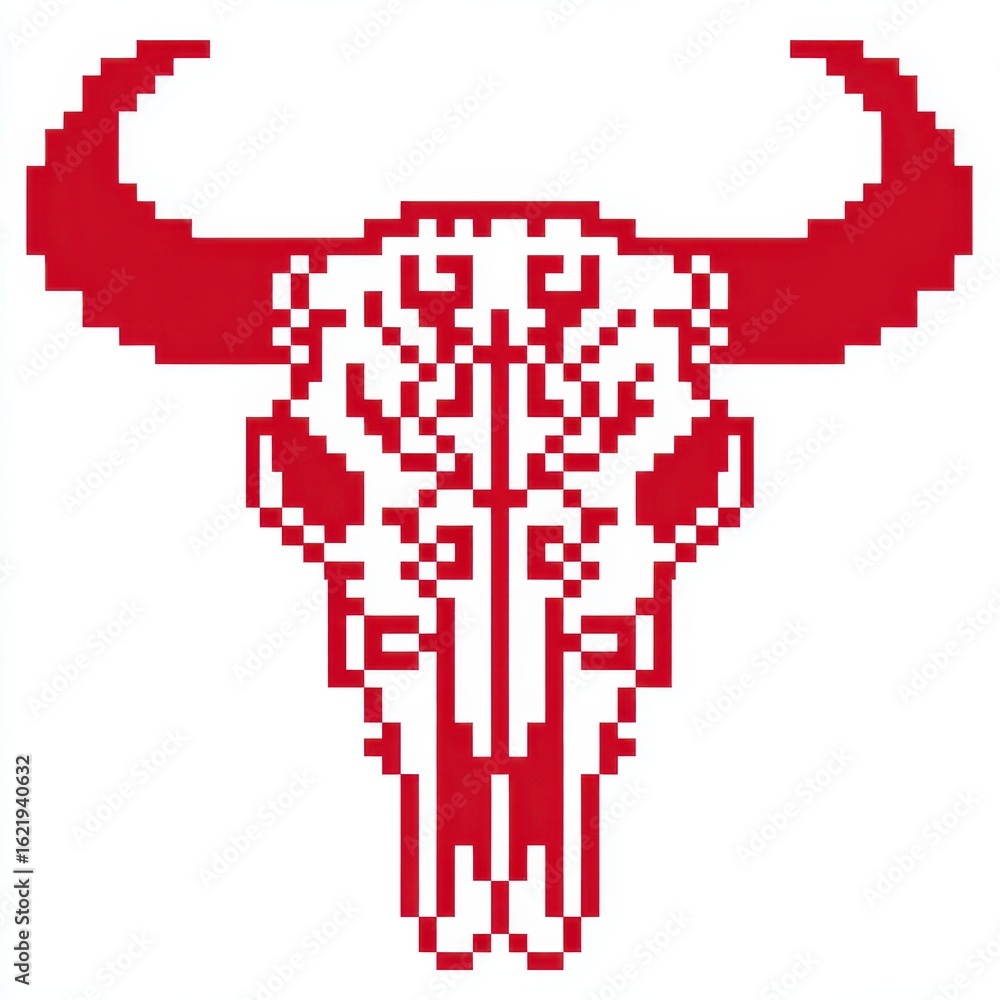 Fototapeta premium Red Pixelated Bull Skull with Intricate Pattern on White Background